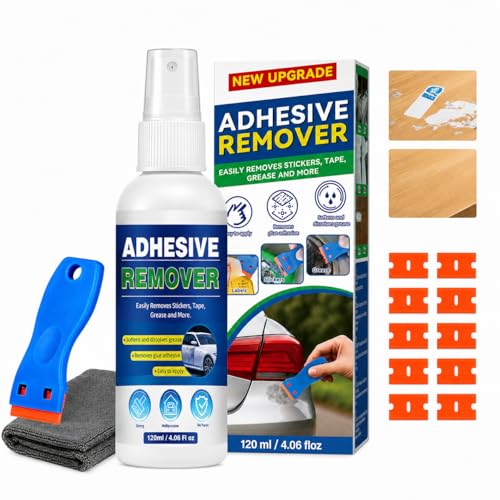 Adhesive Remover, Sticker Remover with Plastic Razor & Towel, 120ml Glue Removers for Removing Labels, Tapes, Gum, Wax and Sticky Residue, Powerful Super Glue Removers for Floor, Windows, Walls, Cars