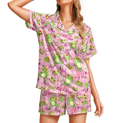 Image of Silk Satin Pajama Set for Women Summer Lounge Pjs Sets 2 Piece Suit Ladies Button Down Tops And Shorts Sleepwear