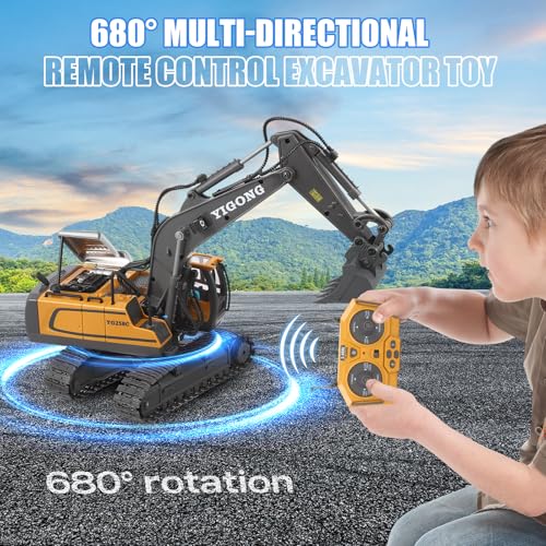Bagger mit Fernbedienung mit Licht & Sound für Jungen 3-12, 2,4 GHz Rechargeable rc Bagger Metall Ferngesteuert mit Legierungsschaufel & 680°Drehung, Jungen Kinder Geschenk für Geburtstag Weihnachten