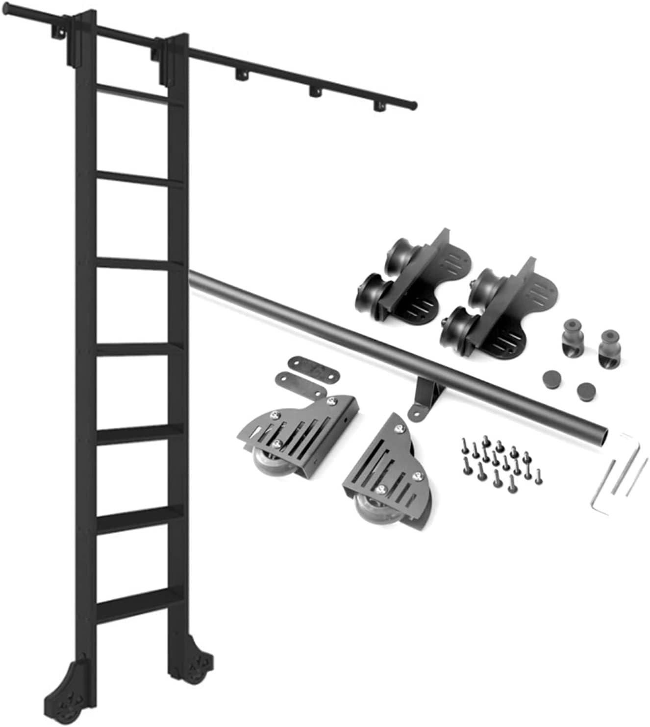 Black Rolling Library Hardware (No Ladder), Tensible Sliding Roller 3.3ft-20ft Sliding Ladder Library Full Set Hardware Rolling Track, for Home/Indoor/Loft (Size : 6.6ft/200cm Track Kit)