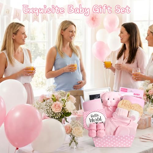 Image of iAOVUEBY Baby Shower Gifts Basket, Baby Girl Gifts & Newborn Essentials Infant First Mileston Keepsakes Blanket Cloths Toy, All-in-One New Baby Girl Gift Set Basket