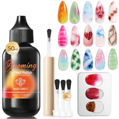 modelones 50ML Blooming Gel Nail Polish Set with Nail Art Palette & 20PCS Nail Brushs, Clear Blooming Gel for Spreading Effects Floral Print Marble Watercolor Design Mix Color Glitter Nail Art DIY