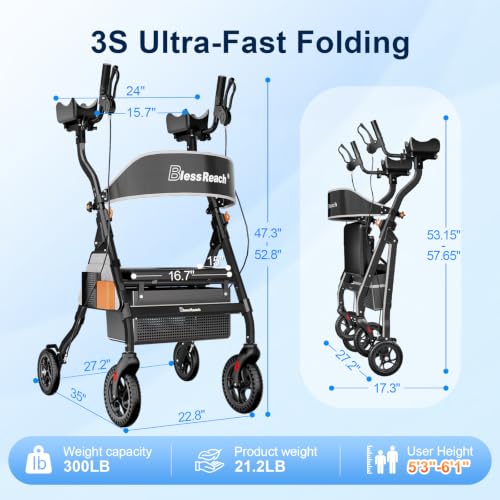 Image of BlessReach Heavy Duty Upright Rollator Walker for Seniors with Seat, Black