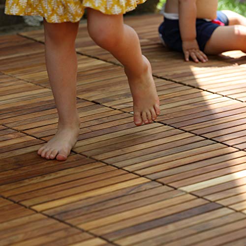 Image of Bare Decor EZ-Floor Interlocking Flooring Tiles in Solid Teak Wood Oiled Finish (Set of 10), Long 9 Slat
