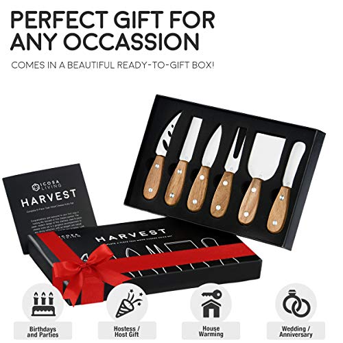 Harvest 6-Piece Cheese Knife Set (Gift-Ready) - Premium Stainless Steel Cheese Knives With Rivets, Full Tang Blades And Teak Wood Handle Charcuterie Board Accessories W/ 15 Festive Recipes #TOP2
