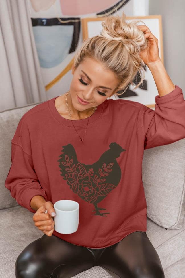 FASHGL Chicken Sweatshirt for Womens Funny Chicken Mom Long Sleeve Shirts Cute Farm Crewneck Pullover Tops - Image 5