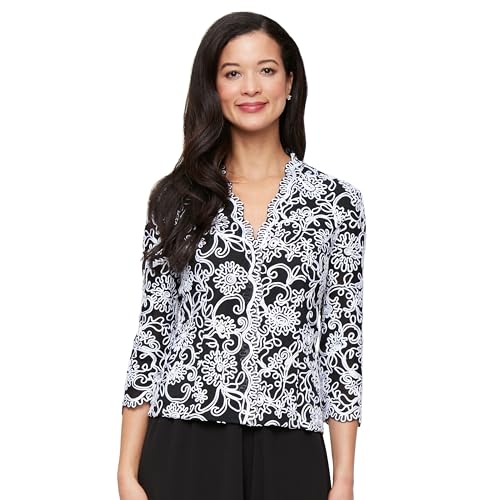 Image of Alex Evenings Women's Stretch Embroidered Formal Event Blouse With Center Front Scallop Detail and Illusion Sleeves
