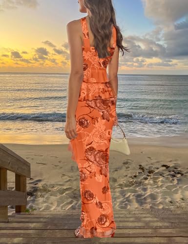 Image of Lrady Women's Two Piece Skirt Sets Beach Formal Wedding Guest Sleeveless Peplum Ruffle Party Maxi Bodycon Dress Outfits