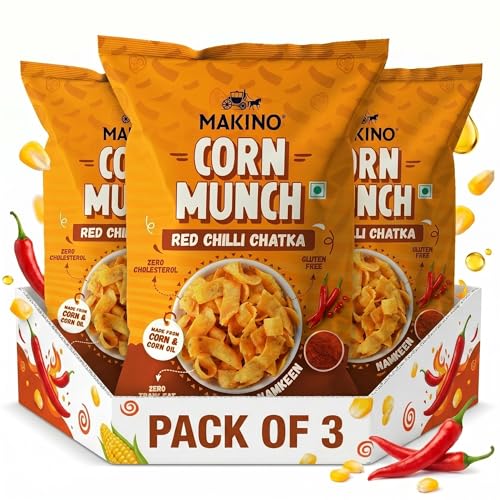 Image of Makino Corn Munch Red Chilli Chatka Spicy Snack, Pack of 3 (150g) Each - First Time in India, Sizzling Hot Flavour, Fiery Crunchy Chips, Best for Tea Time, Party & Anytime Munching
