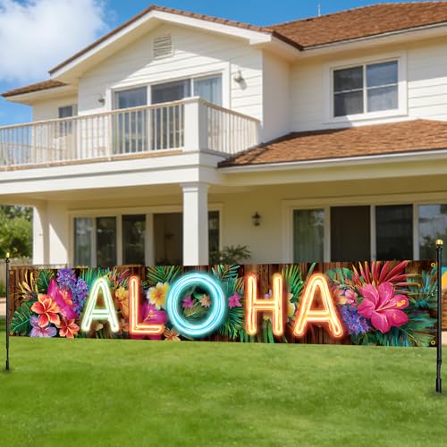 Nuxovilar Neon Aloha Hawaiian Backdrop Banner, Tropical Flower Decor for Luau Beach Summer Party Indoor Outdoor Wall Decor,118.11x19.68 inches by Nuxovilar - Used condition - Image 2