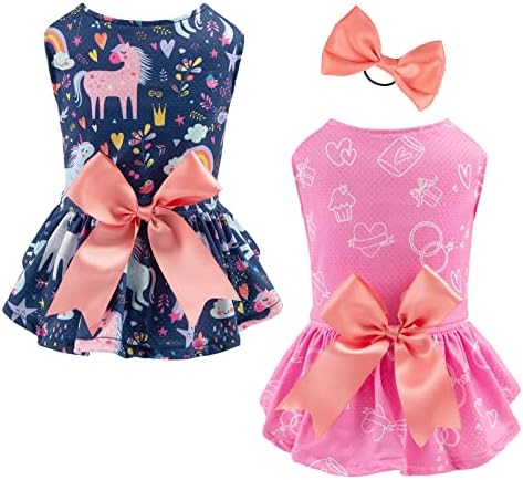 CuteBone 2-Pack Dog Dress Unicorn Outfit Lightweight Puppy Skirt Breathable Tutu with a Bow Hair Rope Gift Pet Clothes Girl for Wedding Birthday Party Cat Apparel 2TBF02L