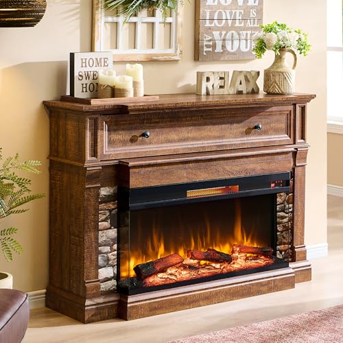 OKD 52" Electric Fireplace with Mantel, Freestanding Fireplace Heater TV