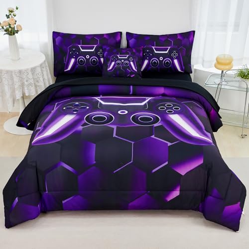 URBONUR Gaming Comforter Sets for Boys Queen Black Purple 6 Pcs Gamer Bed in a Bag Soft Lightweight Game Console Printed Bedding Set (Purple, Queen)