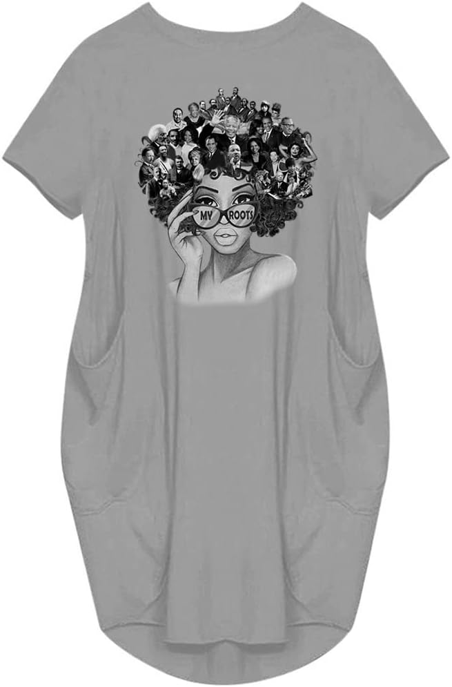 WbJetr My Roots Printed Short Sleeve Pocket Dress Black Woman Afro Tunic Tops