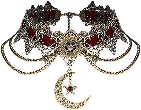 Women Steampunk Necklace Vintage Bronze Gold Moon Pendant Lace Choker