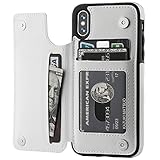 iPhone Xs iPhone X Wallet Case with Card Holder,OT ONETOP Premium PU Leather Kickstand Card Slots Case,Double Magnetic Clasp and Durable Shockproof Cover (White)