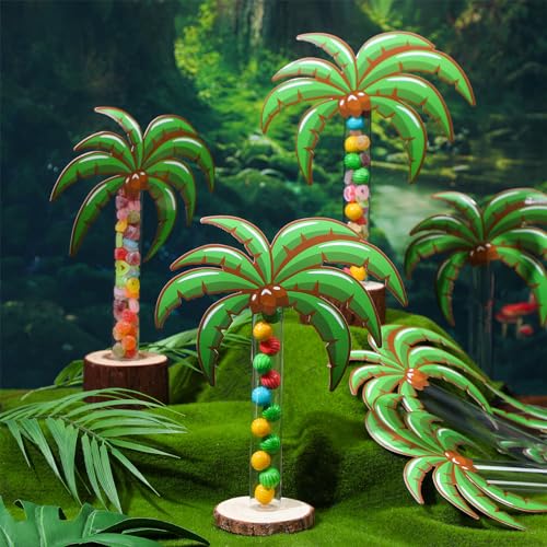 Lallisa 24 Pcs Tropical Luau Party Palm Tree Party Favors Palm Leaves Candy Tubes Hawaiian Beach Birthday Party Decor Supplies Clear Container for Hawaiian Party Baby Shower Summer Theme Decorations
