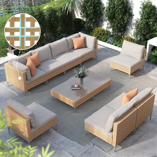Grand patio 10-Piece Wicker Patio Furniture Set, Boho Outdoor Conversation Set Sectional Sofa with Water Resistant Beige Thick Cushions and Coffee Table, Cream 10 Pieces Sectional Cream