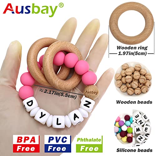 Ausbay Personalized Baby Rattle Teether With Name, Customizable Baby Handmade Teething Ring Silicone Sensory Grasping Bracelet With Premium Beech Wood Rings For Baby Shower (Pearl) #TOP2