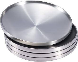 Sumerflos 304 Stainless Steel Dessert Appetizer Plates, 6.7" Double-Layer Round Lunch Plates, Small Serving Camping Salad Plate for Outdoor Camping, Snack and BBQ - Set of 4