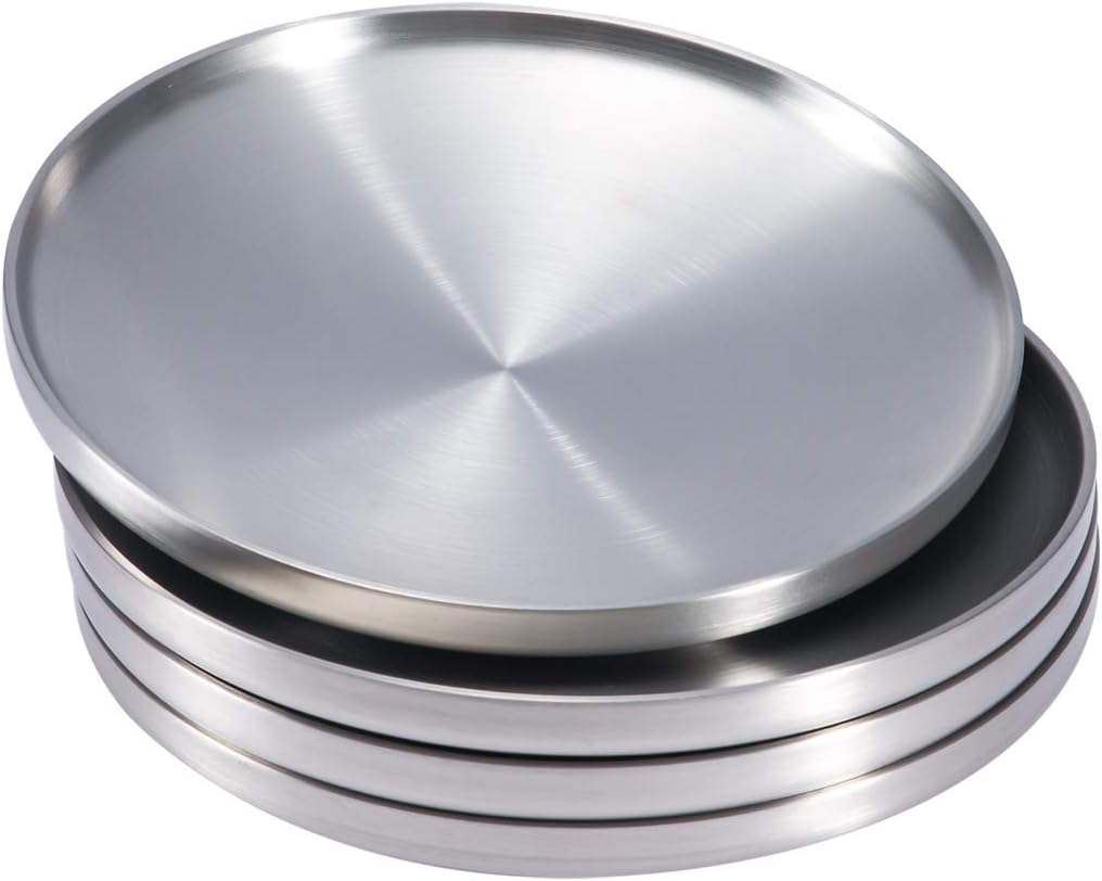 Sumerflos 304 Stainless Steel Dessert Appetizer Plates, 6.7" Double-Layer Round Lunch Plates, Small Serving Camping Salad Plate for Outdoor Camping, Snack and BBQ - Set of 4