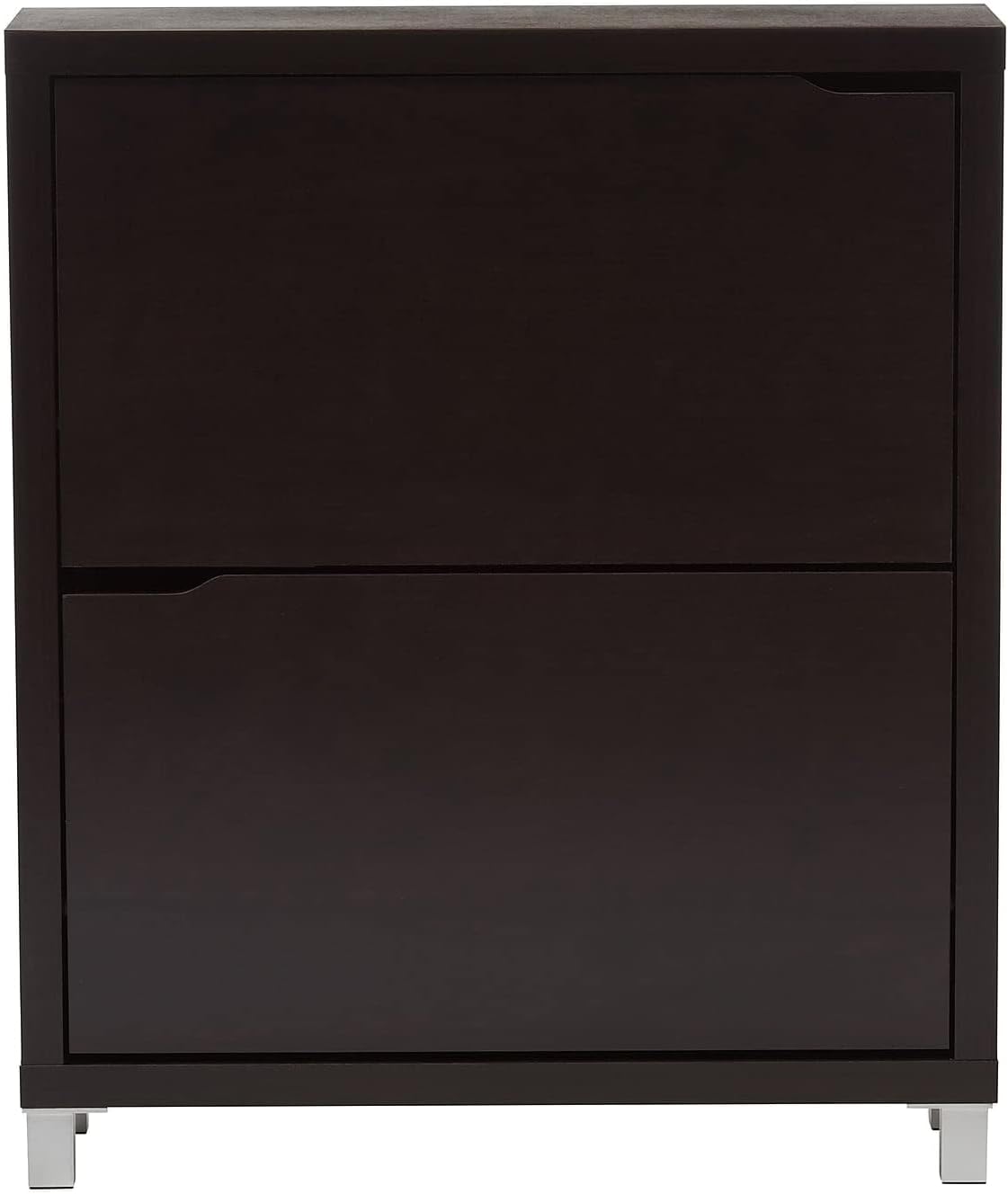 BOWERY HILL Contemporary Engineered Wood Shoe Cabinet, Dark Brown Finish, 37" H x 31.25" W x 9.25" D, 2 Doors, 12-Pair Capacity, Faux Wood Grain, Silver Plastic Legs, Modern Entryway or Hallway Shoe