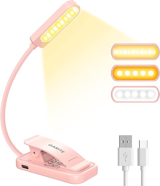 GARITE Lampka do czytania USB C, akumulator 10 LED, bezstopniowe ściemnianie, bateria o długiej żywotności, do czytania z 3 trybami jasności (ciepła i chłodna i biała) do czytania, stoliku nocnego,