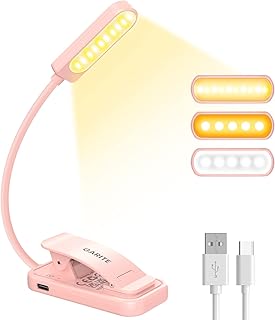 GARITE Luz Lectura, 10LED Lampara de Lectura con Atenuación Continua,Protección Ocular 3 Modos (Cálido/Blanco/Mixto), USB C Recargable, 360°Flexible Luz de Lectura con Clip para Cama, Tableta, Viaje