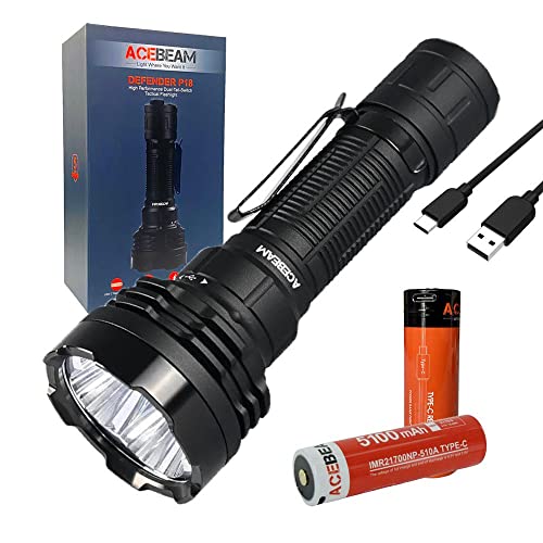 Acebeam Defender P18 Dual Switch Rechargeable Flashlight -5000 Lumens w/EXTRA Battery and Eco-Sensa USB C Charging Cable - ACEBEAM
