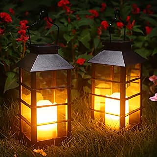 2 Pack Christmas Solar Lantern,Outdoor Garden Hanging Lantern-Waterproof LED Decorative Plastic Flickering Flameless Candle Mission Lights for Christmas, Table, Outdoor, Party (Black)
