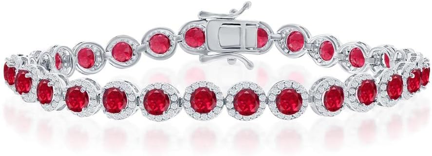 Beaux Bijoux Halo Created Ruby/Sapphire/Emerald and Simulated Diamond CZ 7.5” Halo Linked Tennis Bracelet Sterling Silver Jewelry for Women