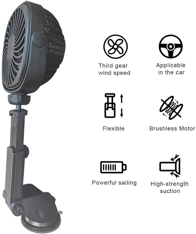 Freshwater USB Car Fan with Suction Cup, Rechargeable Wall Fan, Portable Electric Fan, 360 Degree Rotation, Black, Super Suction