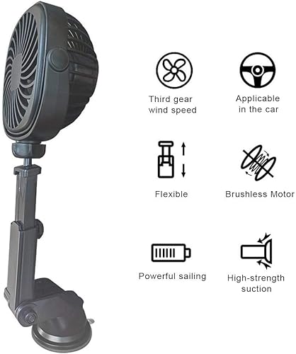 Miniatura 4 de PUZOU Ventilador oscilante negro para automóvil con ventosa, mini ventilador USB para automóvil con gancho multidireccional, ventilador portátil con
