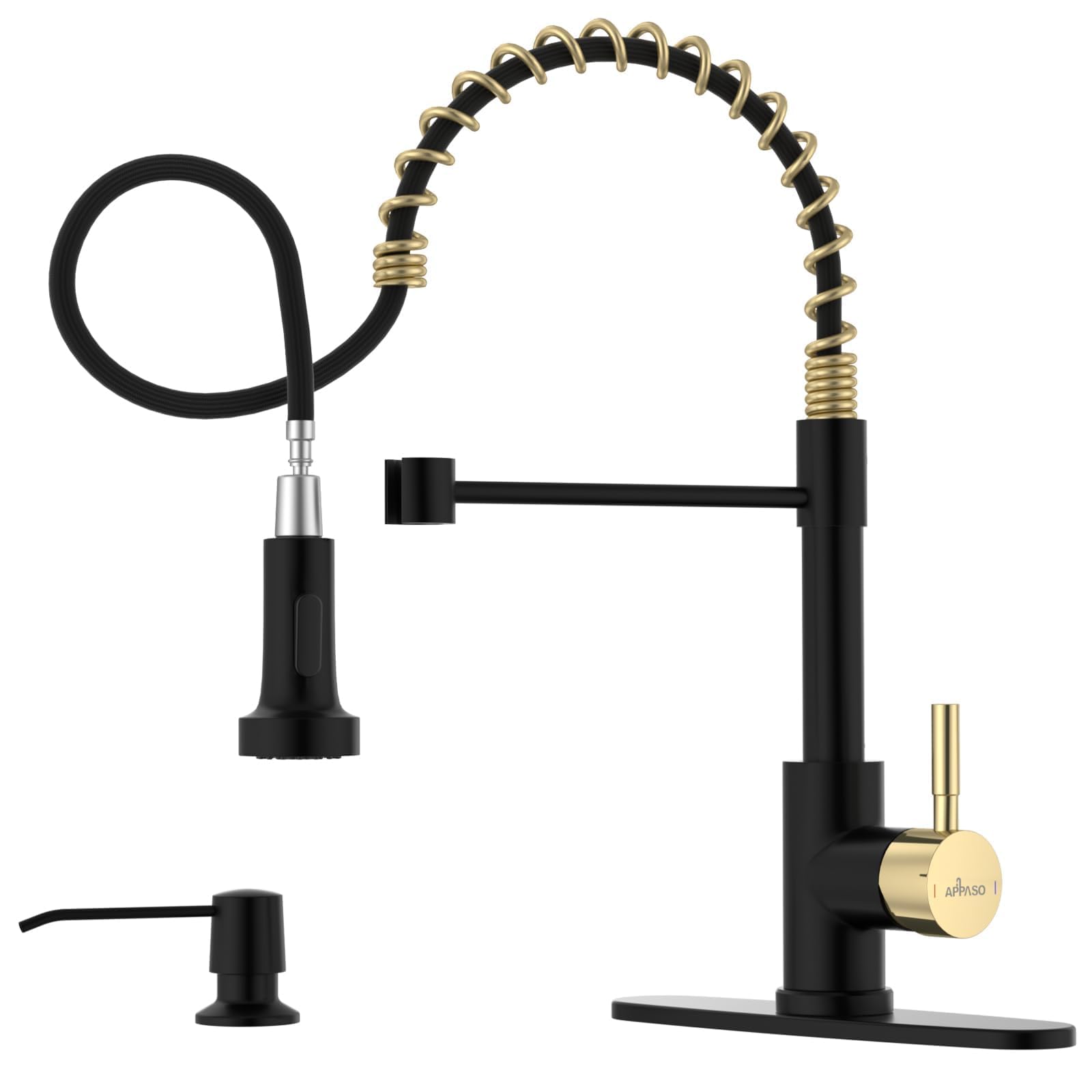 APPASO Grifo de cocina negro y dorado con dispensador de jabón, níquel cepillado, grifo de cocina extraíble, grifo comercial de arco alto de una sola manija para fregadero