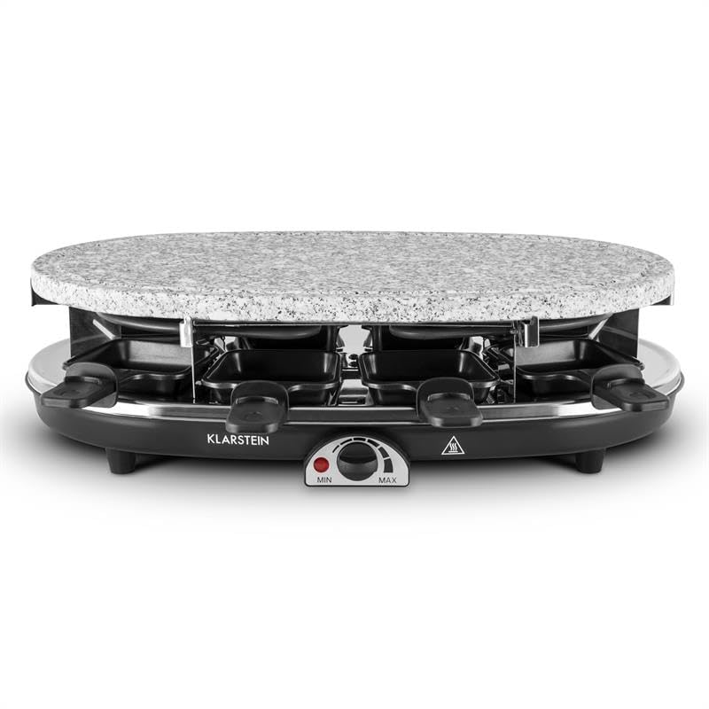 Klarstein Appareil a Raclette, Machine a Raclette avec Pierrade de 1500W, Gril en Pierre Naturelle, Appareil Rotatif et Ajustable pour 8 Personnes, Poelon Service Complet à