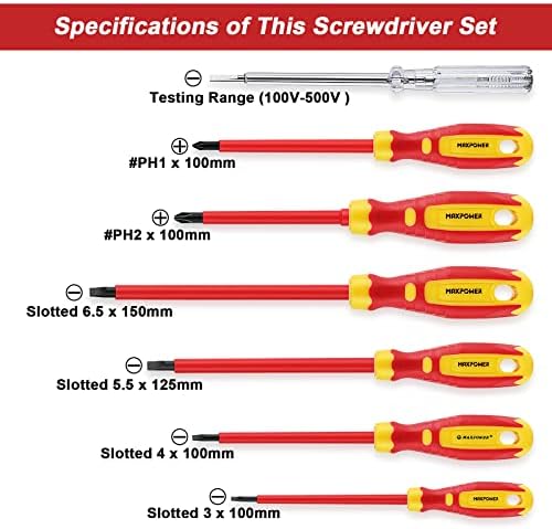 VDE Screwdriver, MAXPOWER VDE Insulated Blade Screwdrivers Set for Electrician with Safety Tester, Magnetic Phillips and Slotted Bits Screwdriver (7 Pieces)