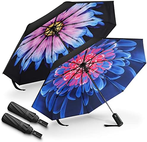 ZUOYOUZ Umbrellas Automatic Travel Umbrella Compact Umbrella for Rain, Windproof UV Umbrella Portable Purse Umbrellas for Women, Men 2 Packs (Purple Flower, Red Flower)