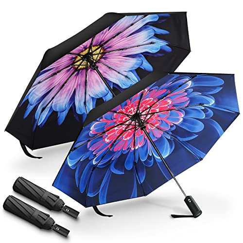 Zuoyouz Umbrellas Automatic Travel Umbrella Compact Umbrella For Rain, Windproof Uv Umbrella Portable Purse Umbrellas For Women, Men 2 Packs (Purple Flower, Red Flower) #TOP3