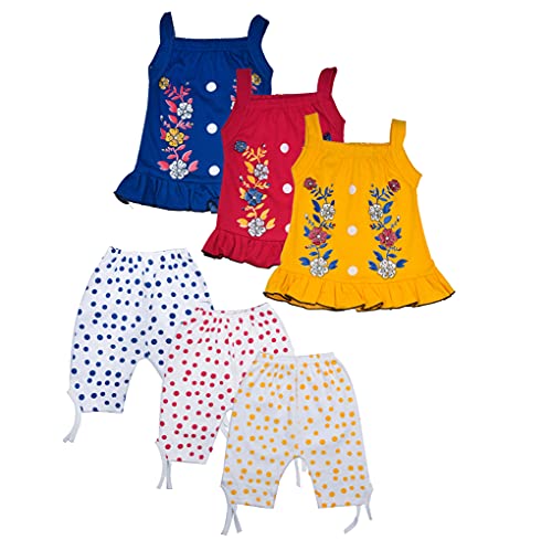 Shyamcollections Baby Girls Summer Suits Printed Cotton Top & Capri Set of 3 (Red,Yellow & Blue) Size 0 Months & Up to 18 Months (6-9 Months)