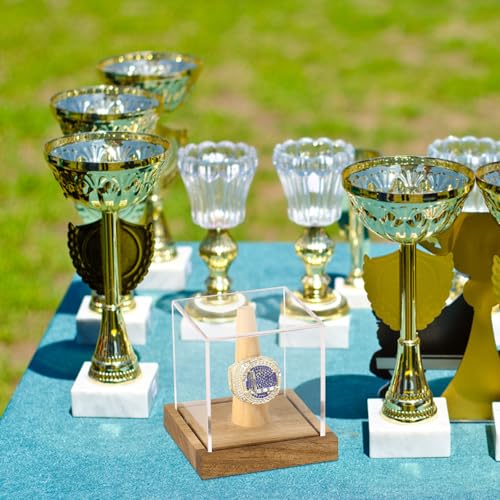 Image of Hooqict Championship Ring Display Case Clear Acrylic Ring Case Display Box UV Protected with Wood Base Stand for Sports Baseball Basketball Softball Football Single Ring Holder Coin Stand