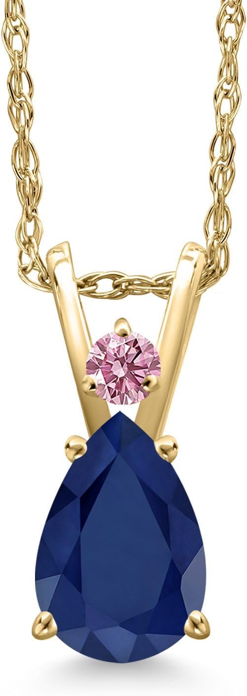 Gem Stone King 14K Yellow Gold Blue Sapphire and Pink Lab Grown Diamond Pendant Necklace for Women | 0.91 Cttw | Gemstone September Birthstone | Pear Shape 7X5MM | With 18 Inch Chain