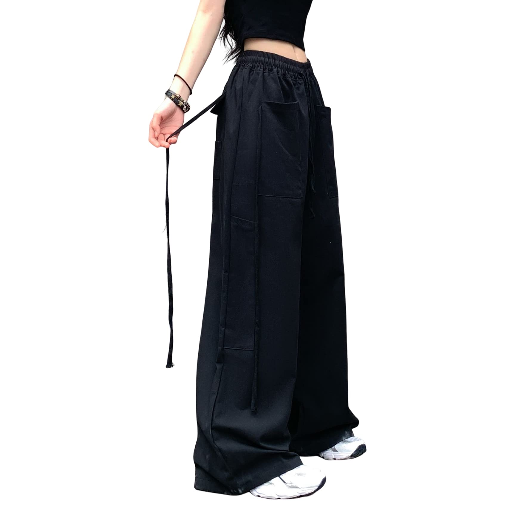 Hewlshawn Pantaloni Cargo Donna Allentato Elastico Vita Tempo Libero Paracadute Pantaloni Y2k Gotico Dritto Gamba Larga Pantaloni con Coulisse Streetwear