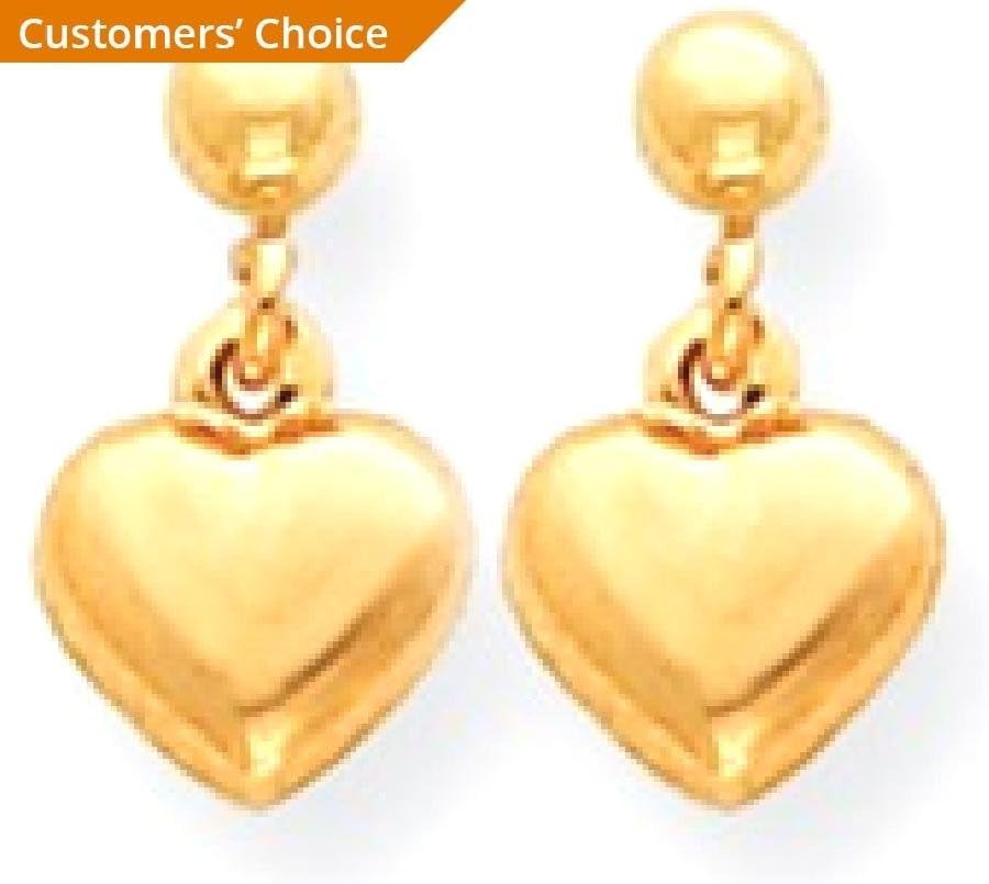 14K Solid Yellow Gold Heart Love Post Drop Dangle Earrings - Image 3