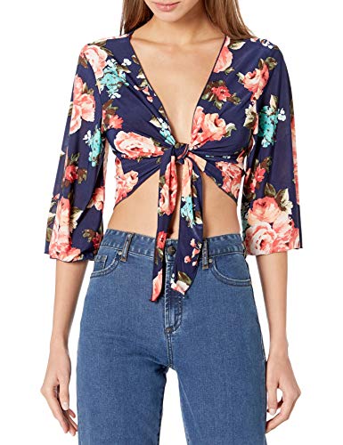 Star Vixen Women's Tie Front Elbow Sleeve Cardigan, Navy/Floral, Medium