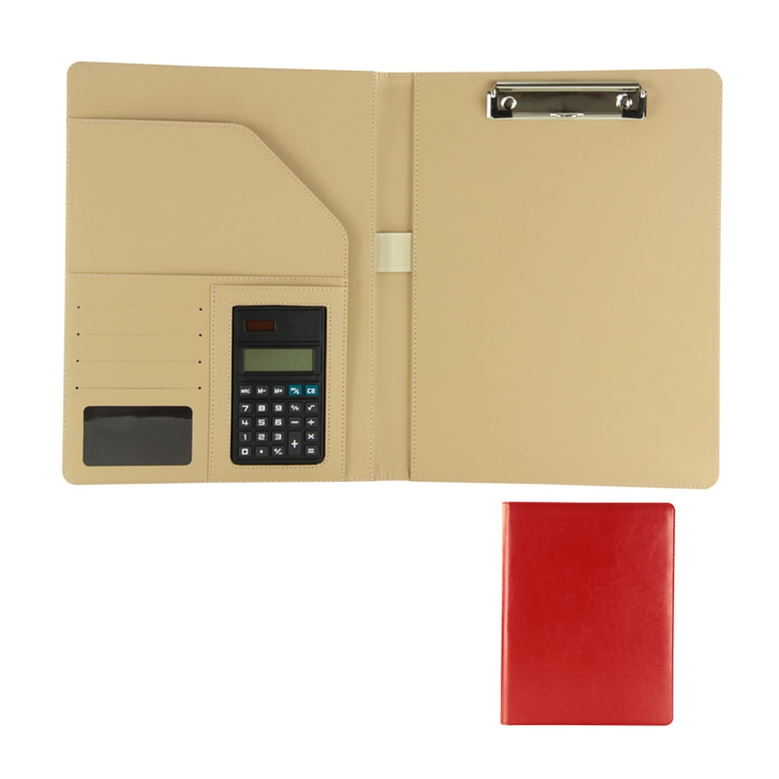 Folio compartiments cuir rouge A4 doté d'une calculatrice 8 chiffres pour trier vos papiers