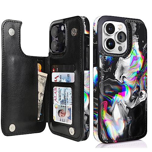 Image of uCOLOR Compatible with iPhone 13 Pro Wallet Case with Card Holder Slots Marble Flip Leather RFID Kickstand Phone Wallet Cover for Women and Girls 6.1 inch (Black Rainbow Marble, iPhone 13 Pro 6.1 inch)