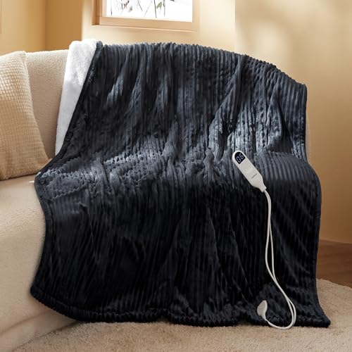 Image of Bedsure GentleSoft Heated Blanket Throw - Soft Ribbed Flannel Electric Blanket, Heating with 4 Time Settings, 6 Heat Settings, and 3 hrs Timer Auto Shut Off, Gifts for Grandma (50x60 inches, Black)