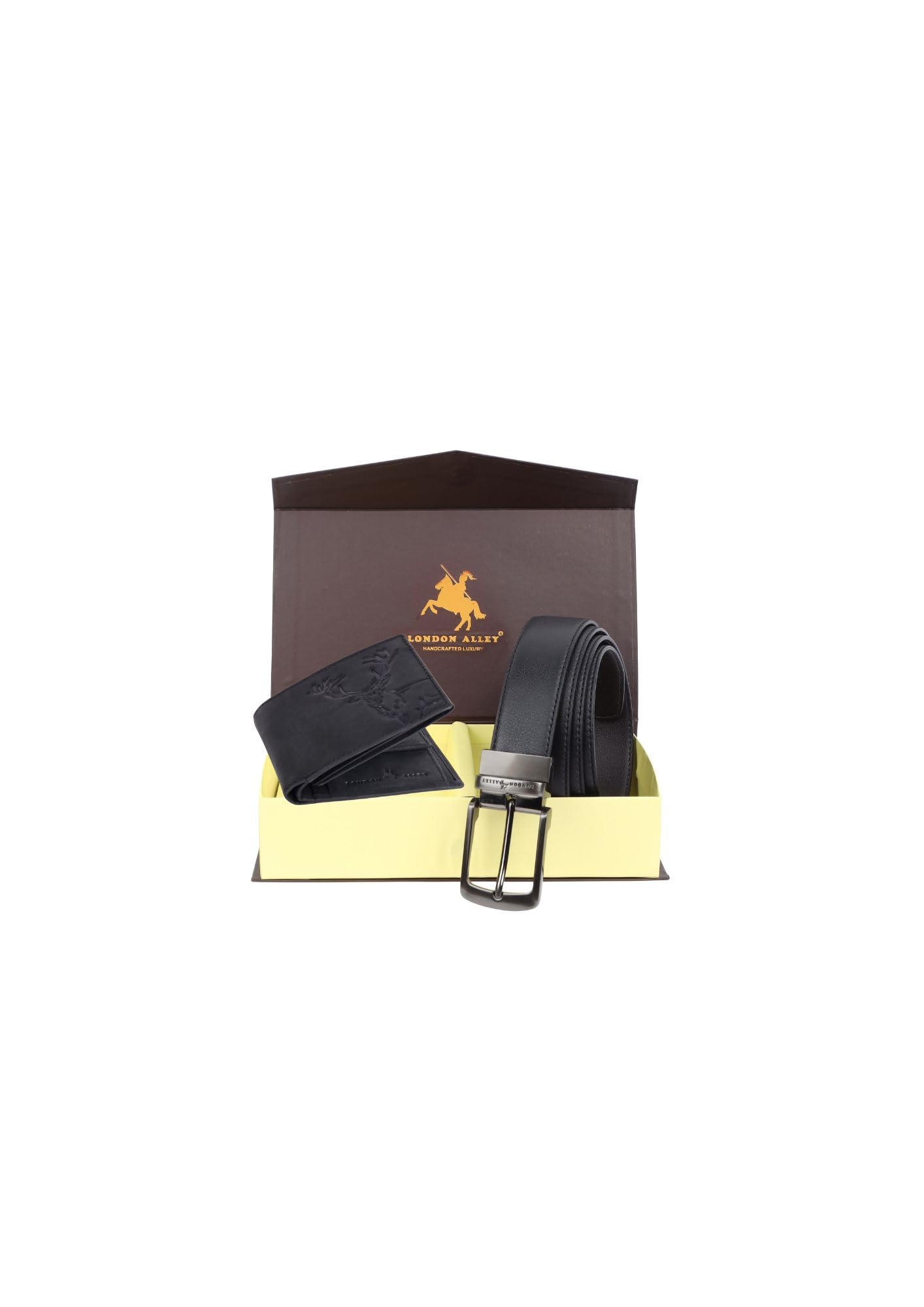 LONDON ALLEY ELK Vintage Black Leather Wallet & Black/Brown Reversible Belt Combo Gift Box for Men |