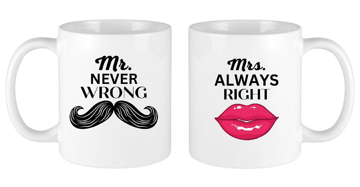 OM Print Hub Mr Never Wrong and Mrs Always Right Novelty Coffee Tea Mugs 11oz Set Couples Gift for Husband Wife Bride & Groom Valentines Wedding Christmas Anniversary Newlyweds Gifts (Design 4)