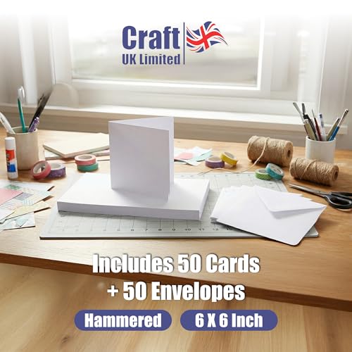 Image of Craft UK W101 6 x 6 inch Hammered Card and Envelope Pack of 50 - White
